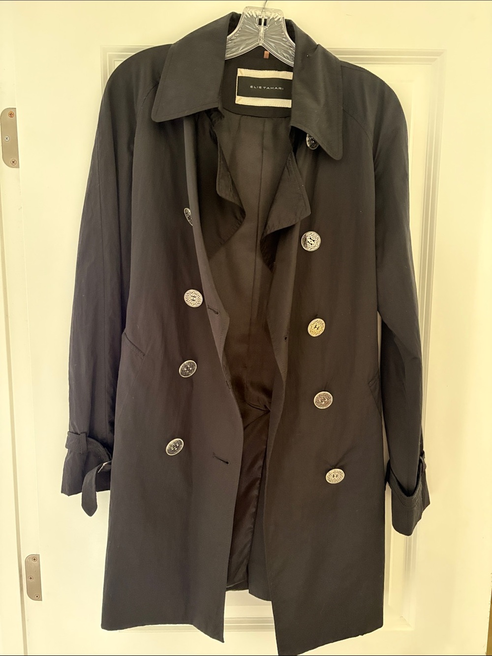 Elie Tahari Dark Black Double-Breasted Trench Coat with Silver Buttons